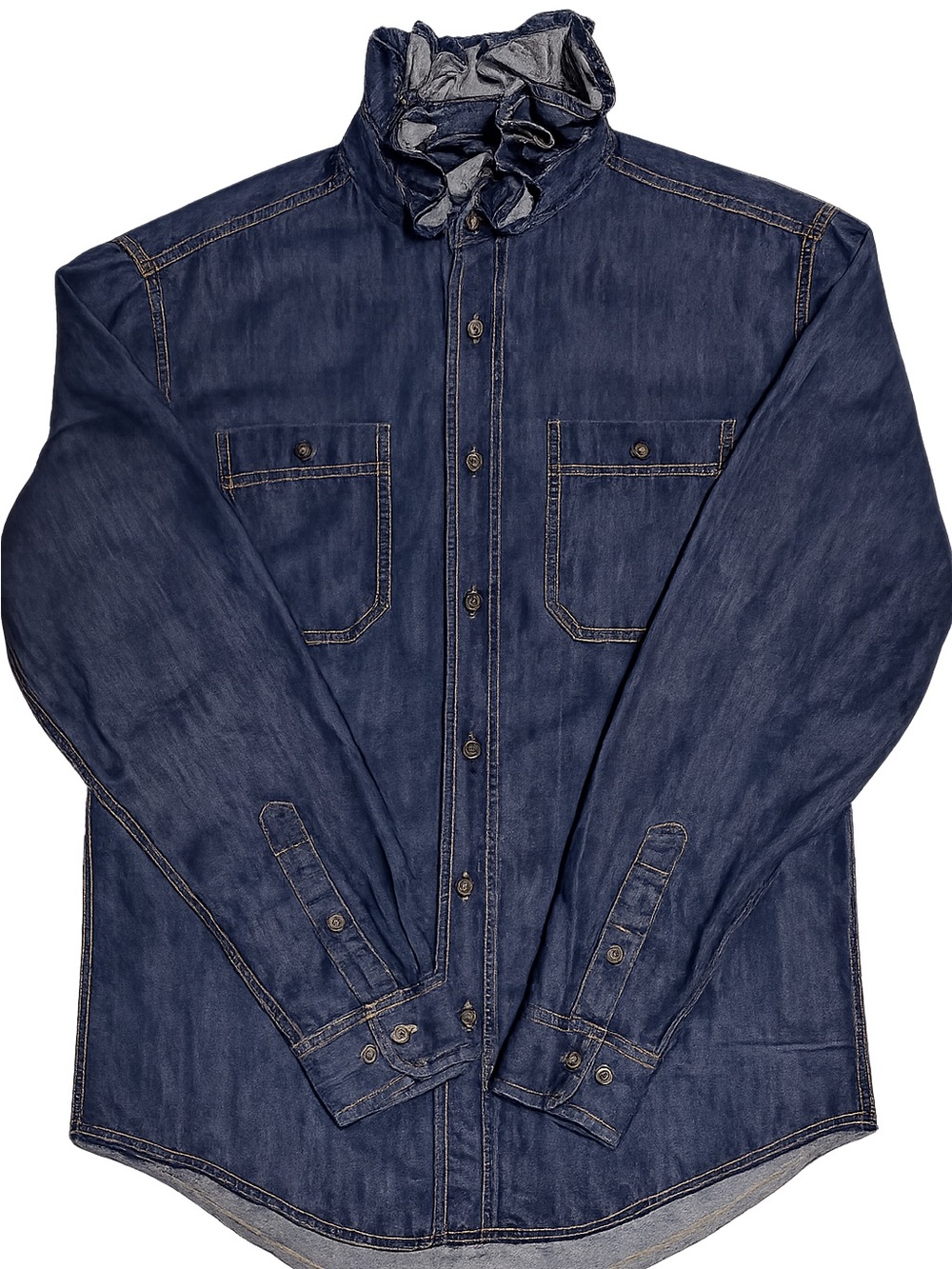 Upcycled Ruffle Collar Dark Blue Denim Shirt